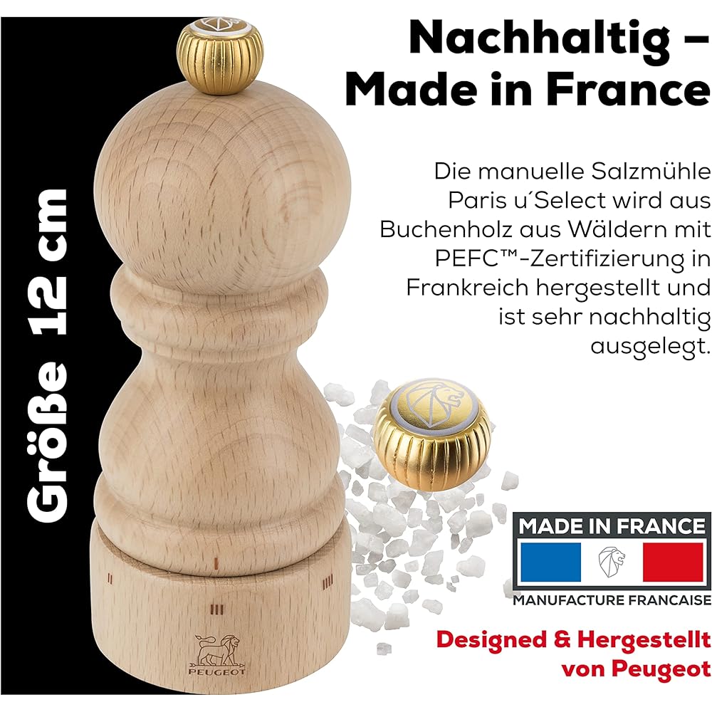 PEUGEOT Mill Salt Salt Mill Wooden Coarseness Adjustment Capacity 30g/12cm Manual Made in France Paris U-Select Plain Wood 23379