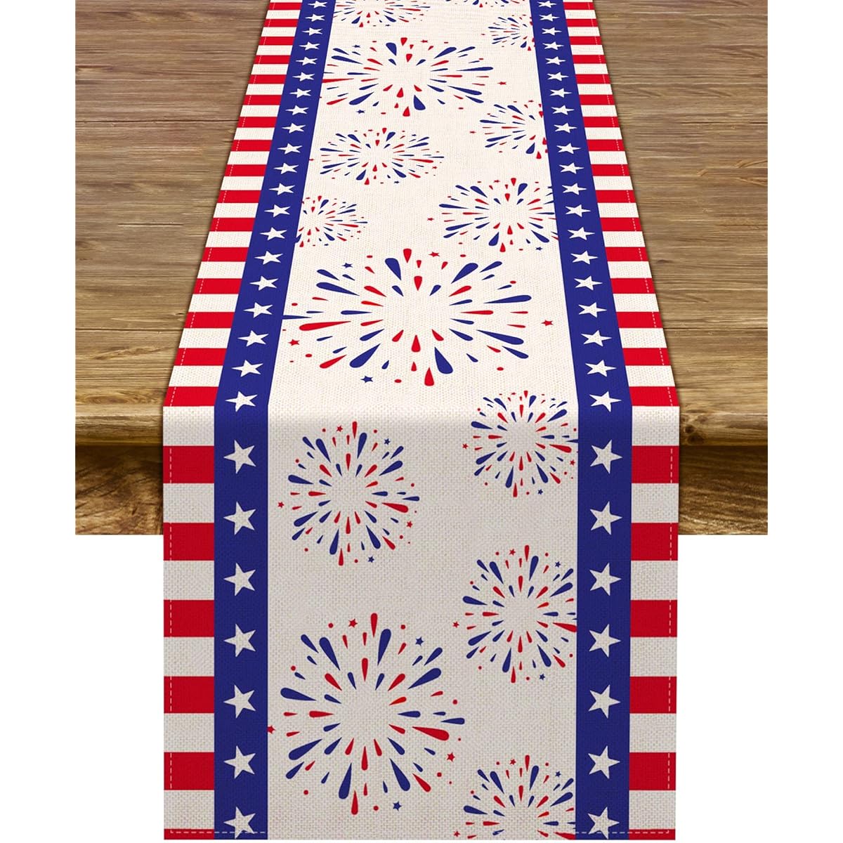Linen Independence Day Table Runner with Little Firecrackers, Stripes and Stars, Patriotic Baby Shower, Birthday, Dining Room, Home Decorations