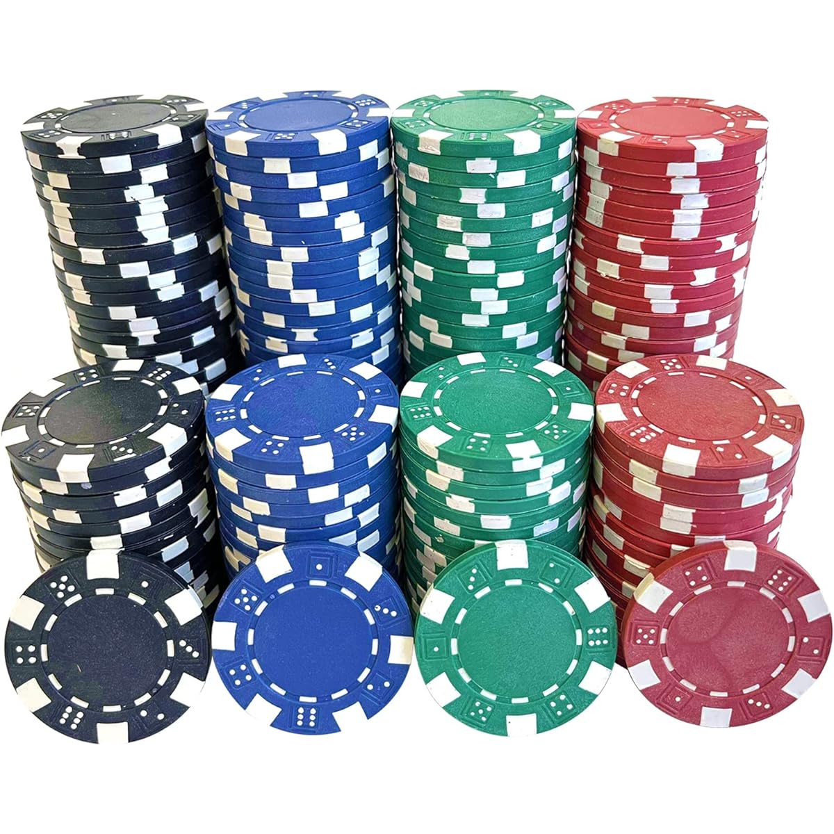 SEETOOOGAMES 200 Piece 11.5g Clay Composite Dice Striped Casino Poker Chips - 4 Colors (Red, Green, Black, Blue)