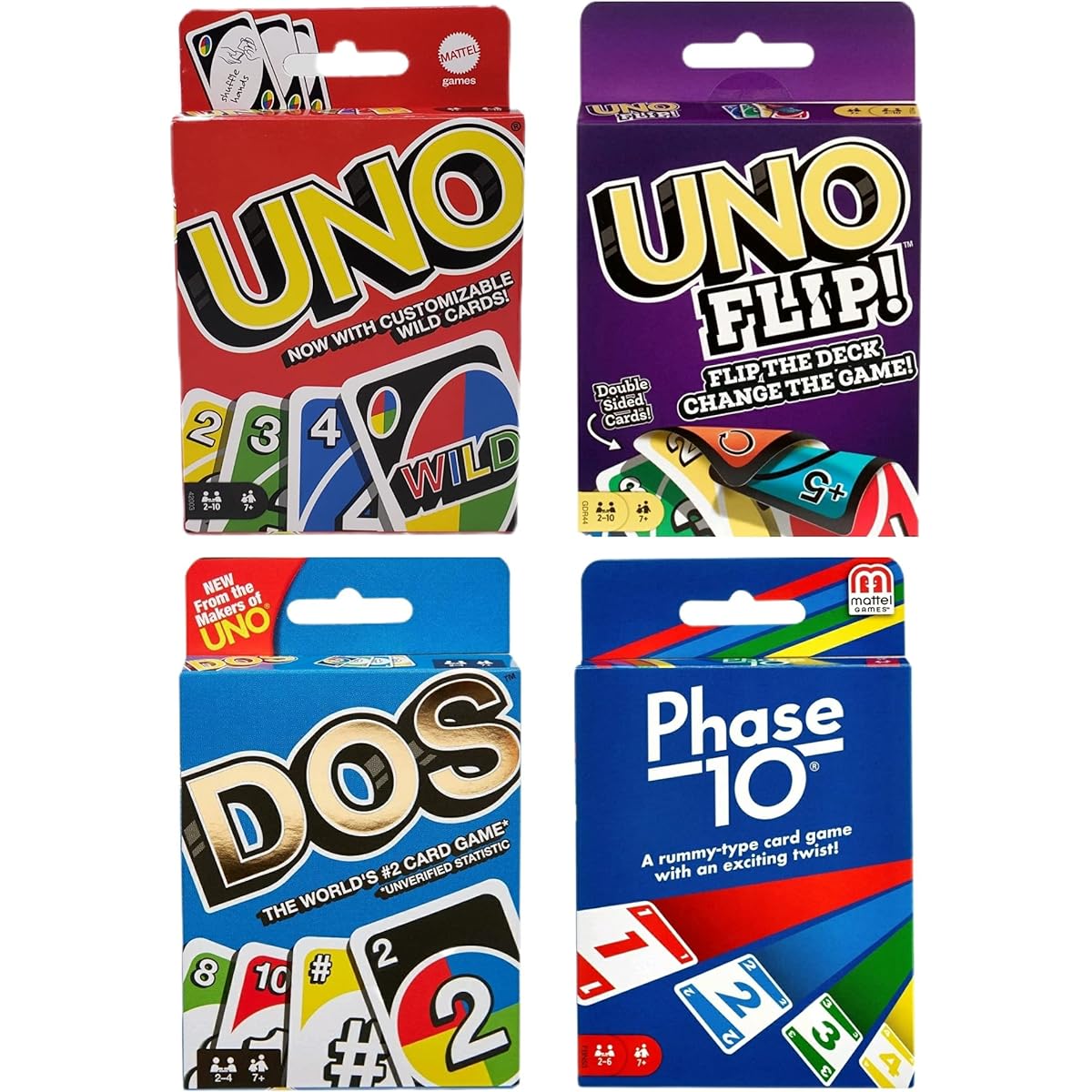 Mattel Family Card Game Variety Pack - 4 Different Card Sets - Uno, Dos, Uno Flip, Phase 10 - Ultimate Family Game Night Card Bundle