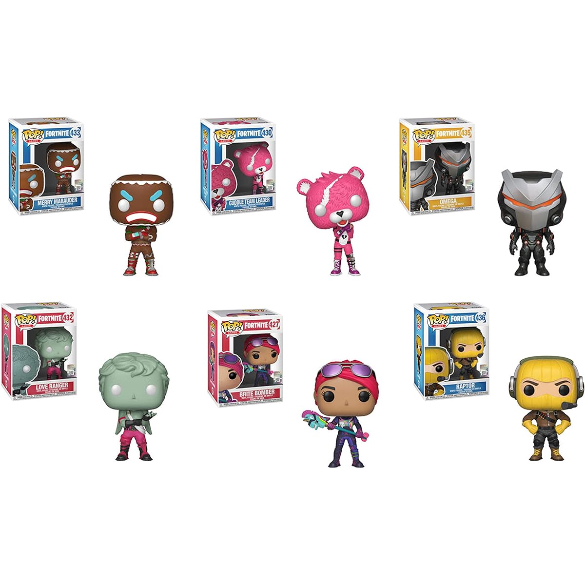 Funko POP! Games: Fortnite Set of 6: Love Ranger, Merry Marauder, Cuddle Team Leader, Omega, Brite Bomber, Raptor.