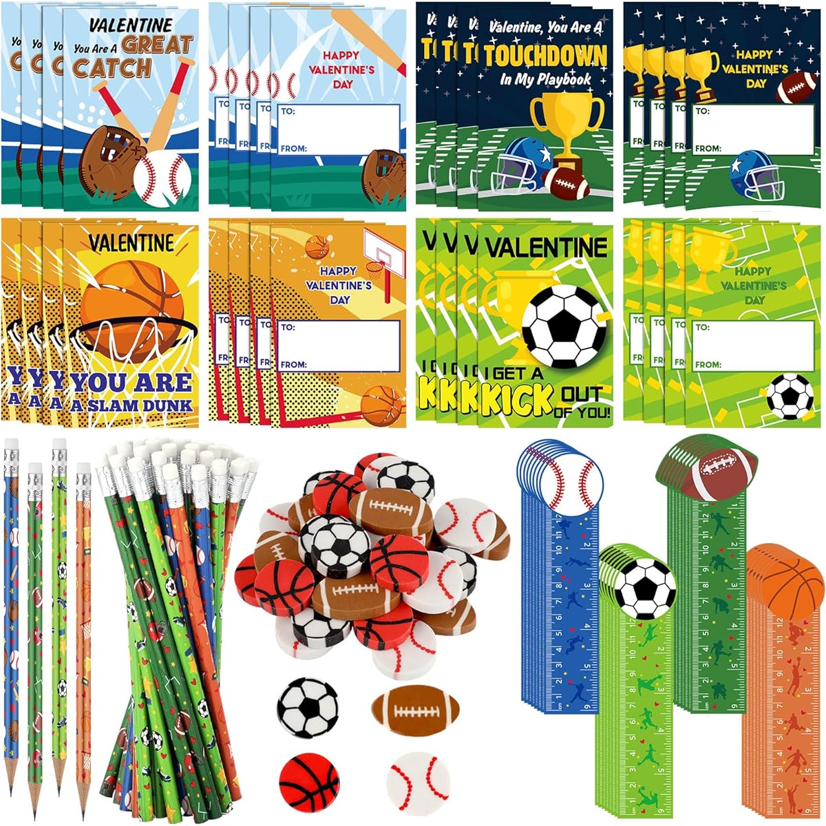 ReliThick 128pcs Valentine's Day Gifts, Stationery Supplies Set for Kids, Classroom Exchange Gifts, Valentine Goodie Bags, Football, Soccer, Basketball Pencil Erasers, Sports Party Favors