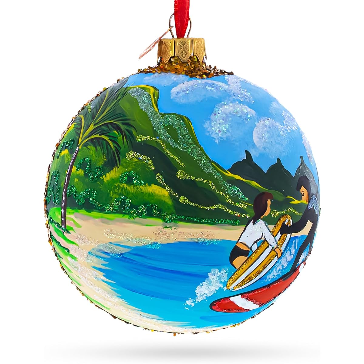 Surfers at Hawaii Beach, USA Glass Ball Christmas Ornament 4 Inches