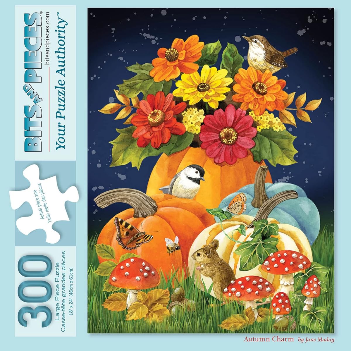 Bits and Pieces 300 Piece Jigsaw Puzzle for Adults 18" x 24" Fall Charms 300 Piece Fall Pumpkins and Woodland Creatures by Artist Jane Madey