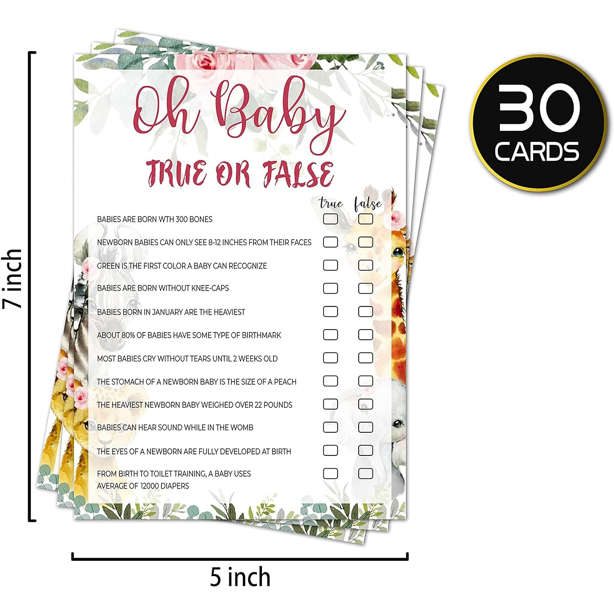 Truth or Fake Baby Shower Game Gender Reveal Party Supplies Jungle Animal Safari Floral Green Party Decorations - 30 1 Game Cards 1 Answer Card (bb002-yx03)