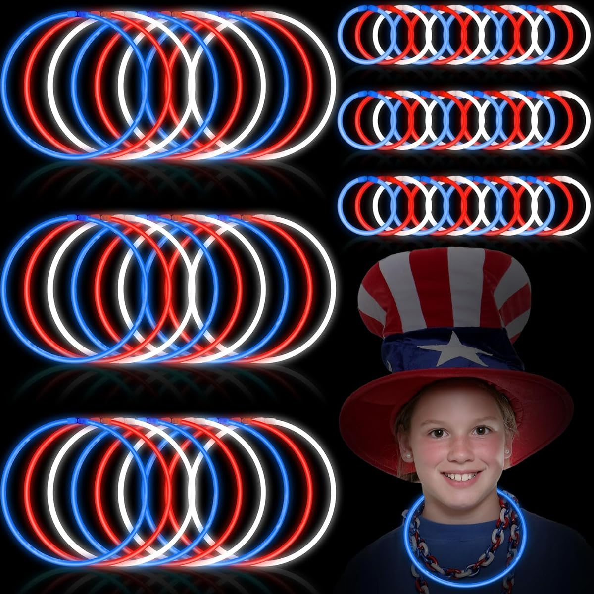 Sotiff 120 Pack Patriotic Glow Stick Bracelets Necklaces Bulk Red White Blue Glow Stick Accessories with Connectors 4th of July Party Accessories Patriotic Party Favors Glow Party Supplies, No Jewels