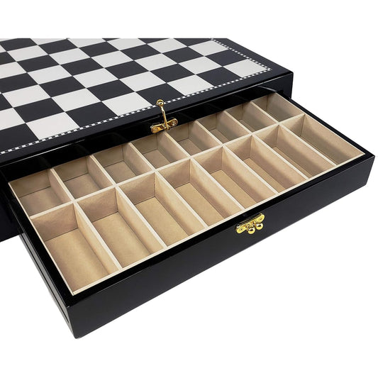 17" Black and White High Gloss Chess Storage Board Chest with 2 Drawers