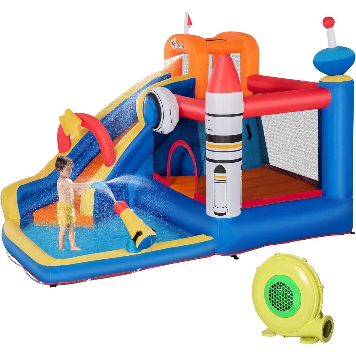 Outsunny 5-in-1 Backyard Inflatable Bounce House with Slide/Climbing Wall/Water Gun and More Inflatable Water Slide 2 Minute Inflation Large Outdoor Game for Birthday Party Activities