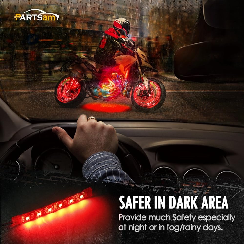 Partsam 4.5" Red Motorcycle LED Tail Turn Signal Brake Light Strip Bar IP68 Waterproof Universal Flexible Motorcycle Turn Signal Third Brake Daytime Running Light Motorcycle Trailer ATV 2 Pack