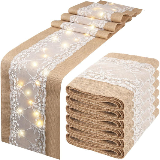 6 Pieces 12 x 108 Inch Burlap Table Runner with String Lights, Rustic Lace Table Runner Farmhouse Jute 9 Foot Table Runner with Fairy Lights Wedding Decoration for Home Wedding Party Holiday
