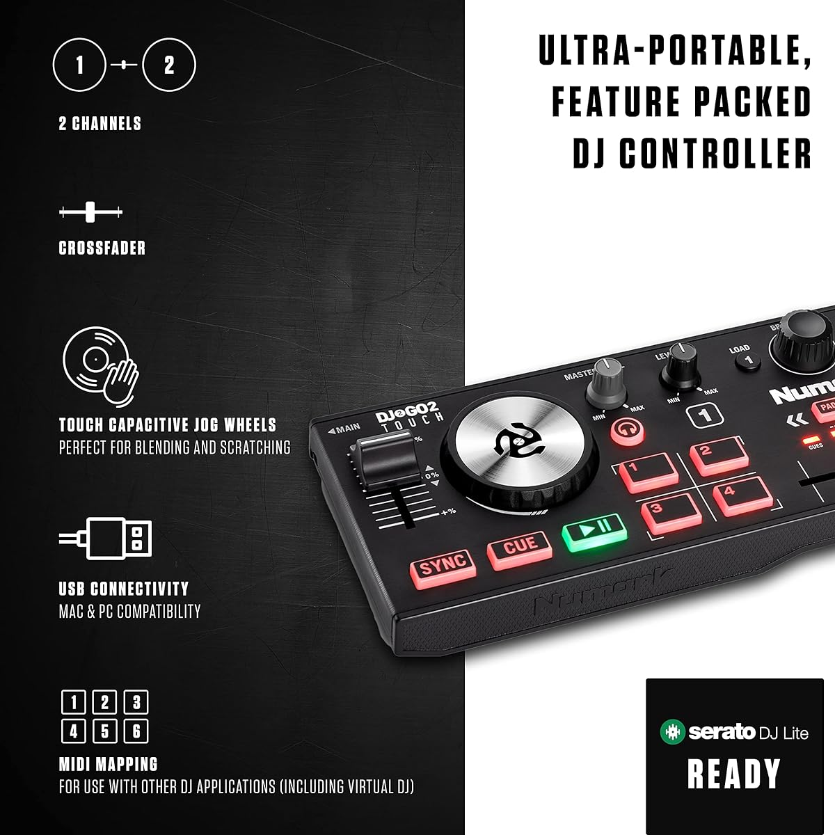 Numark Portable Compact DJ Controller and Closed Headphone Set DJ2GO2 Touch & HF175 Numark
