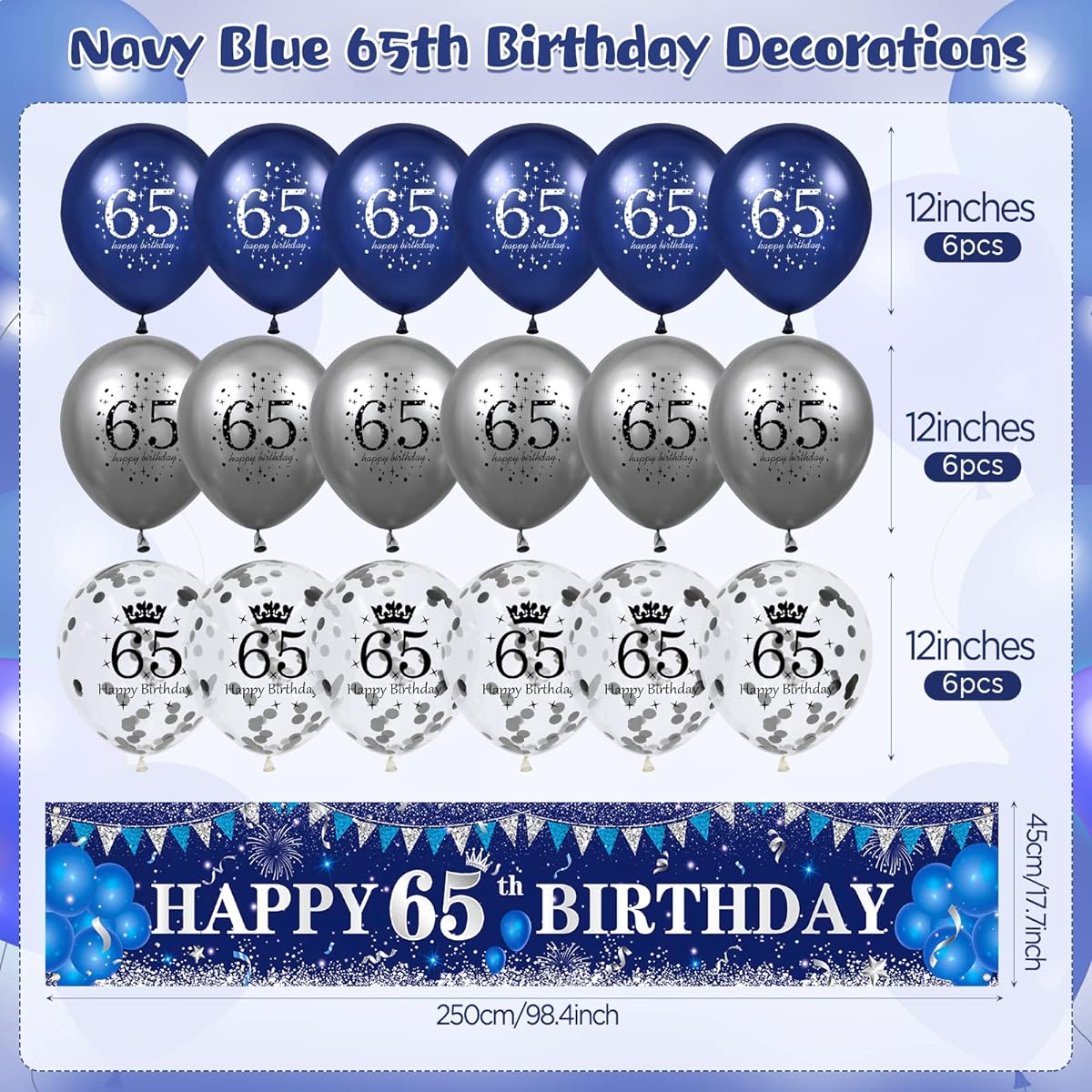 Blue 65th Birthday Decorations for Men Women Navy Blue Silver Happy 65th Birthday Yard Banner Blue 65th Birthday Balloons 65th Birthday Anniversary Party Decorations Supplies