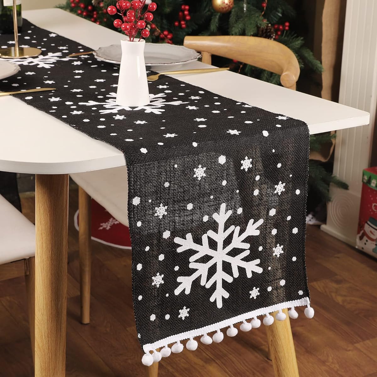 HOHOTIME Christmas Table Runner Christmas Tree Moose Print Black White Linen Christmas Runner for Table Christmas Holiday Party Kitchen Dining Table Decoration for Home Decoration (12 x 106 Inch) - Black