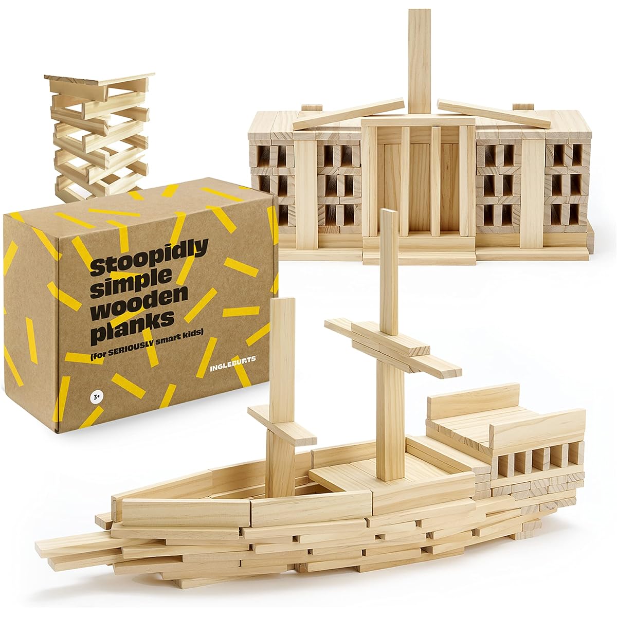 INGLEBURTS Wooden Building Blocks for Children - Wooden Board Set (125 Pieces) Montessori Toy