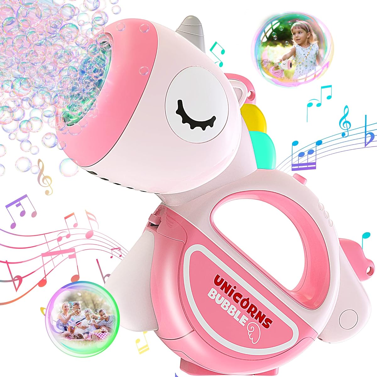 Bubble Machine Gun with Light Music, Portable Unicorn Bubble Machine for Kids Toddlers 1-3 Years 4-8 Years 360° Leak-Proof Automatic Bubble Blower Bubble Solution for 3 4 5 6 7 8 Years Outdoor Toy Gift