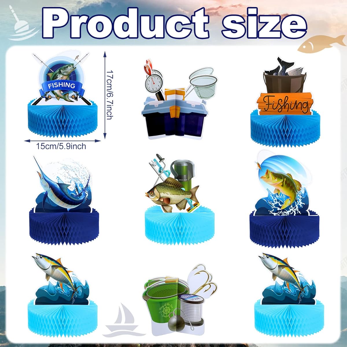 Gone Fishing Party Centerpieces Fishing Table Decor 3D Fishing Birthday Party Supplies Fishing Birthday Decorations Fish Paper Signs Honeycomb Baby Shower Retirement Theme Party Father's Day 9pcs