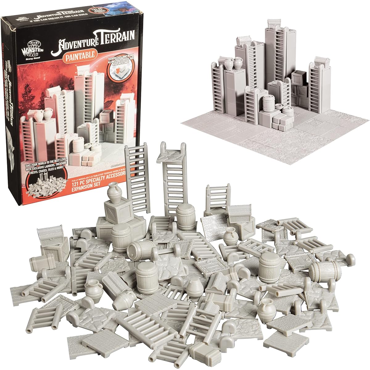 Monster Adventure Terrain - 121 Piece Paintable Specialty Accessories and Tile Expansion Set - Modular and Stackable 3D Tabletop World Builder Compatible with DND Dungeons Dragon, Pathfinder All RPG Games