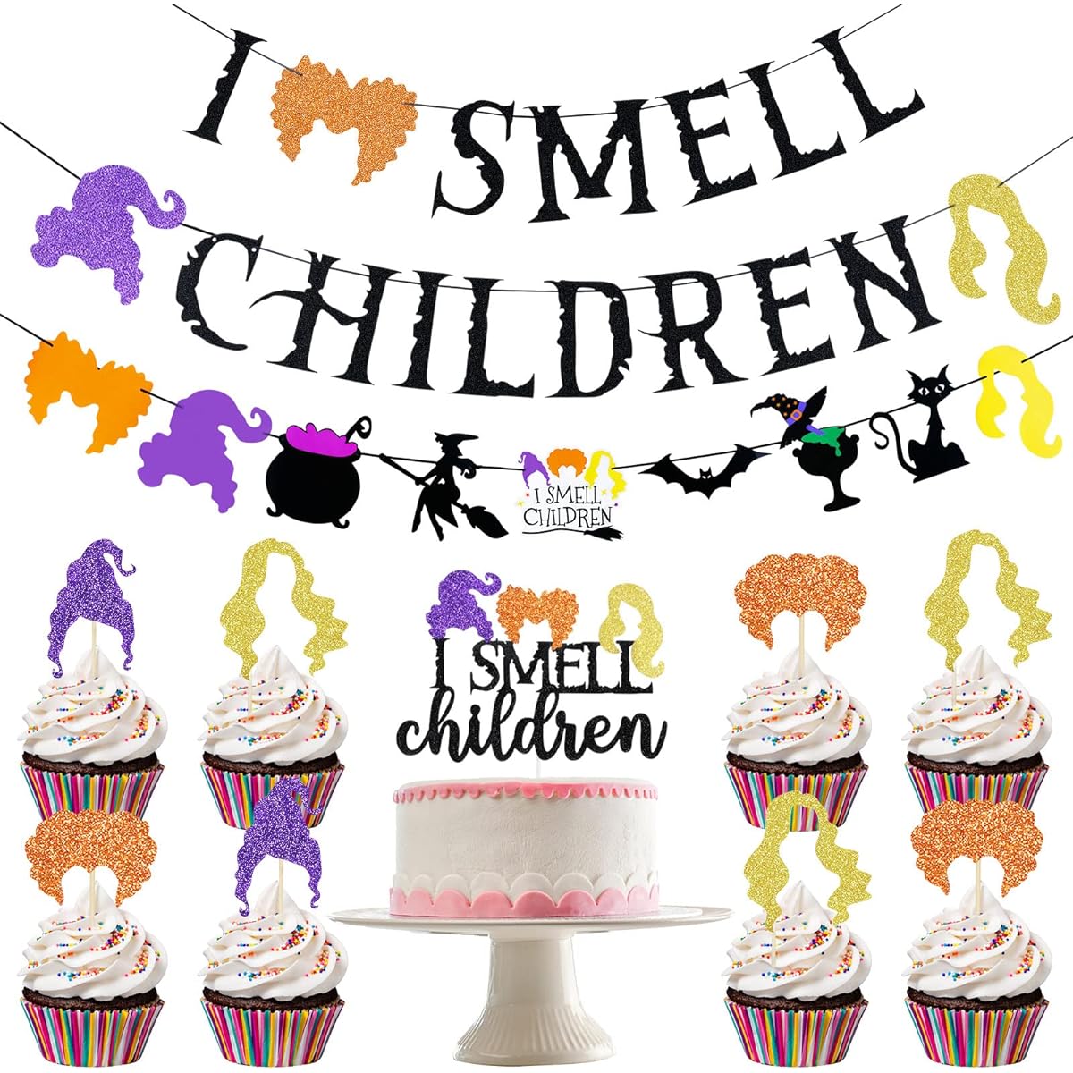 Glitter I Smell Kids Banner and Hocus Pocus Theme Banner Cupcake Toppers - Hocus Pocus Party Decor I Smell Kids Decorations Hocus Pocus Cupcake Toppers Decorations Halloween Decorations for Home Fireplace Mantle Office