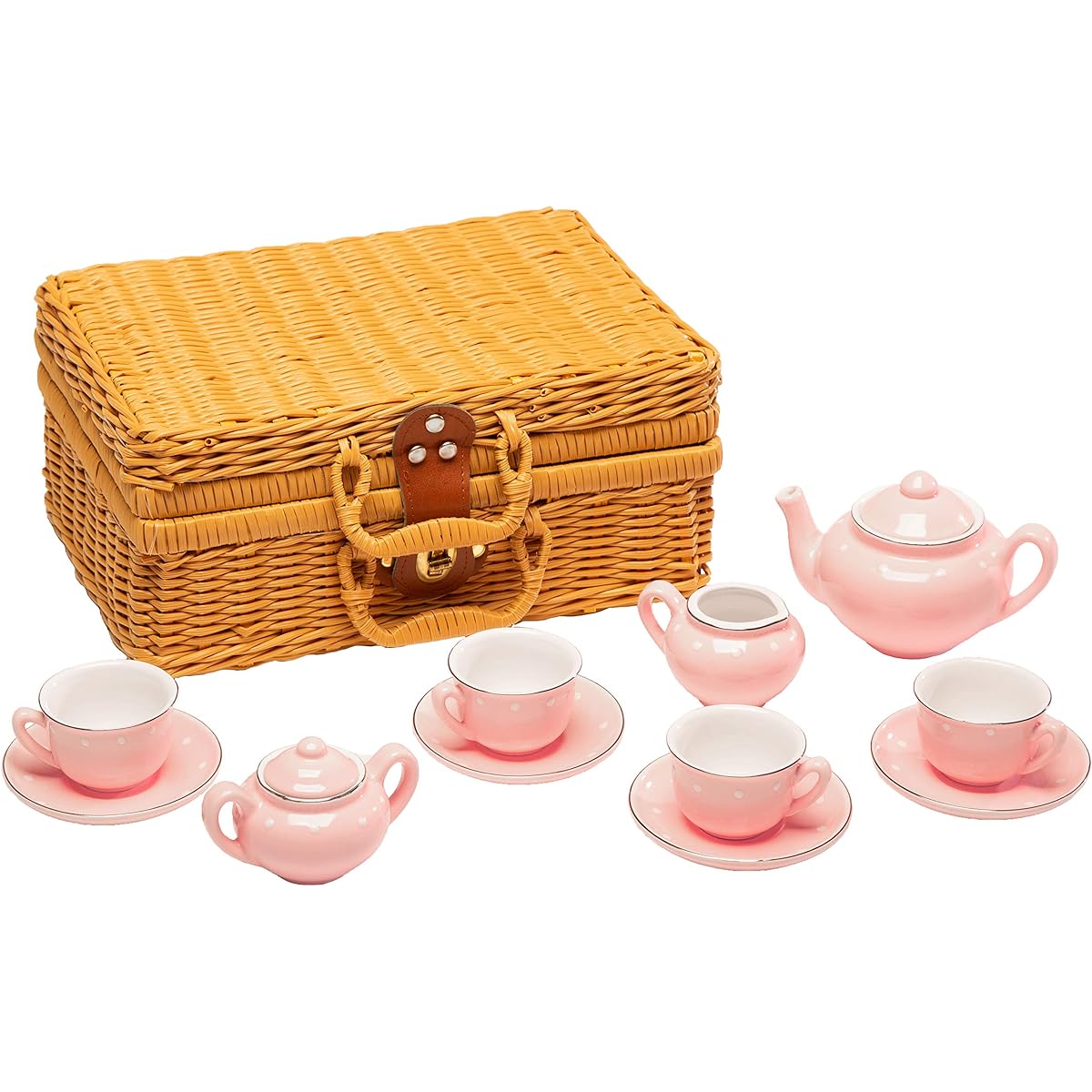 (pink) - MMP Living Children's 13 Piece Porcelain Play Tea Set with wicker style basket - Pink