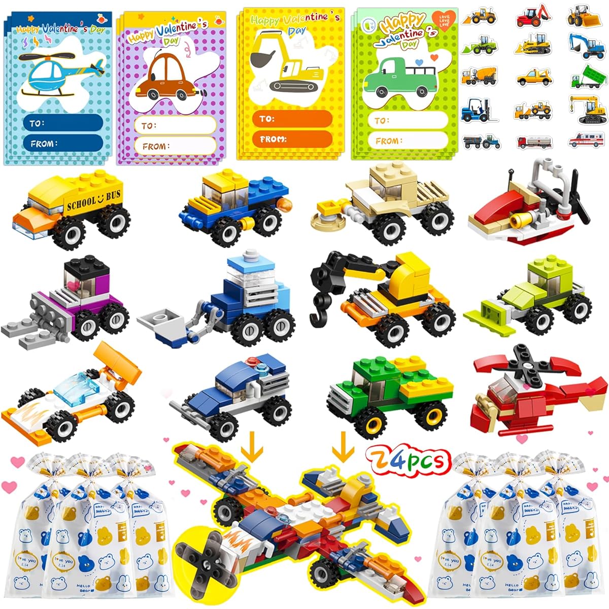 ANYGIFT 24pcs Valentine's Day Gifts Building Blocks for Kids with Valentine Cards Kids Class Valentine Gifts School Exchange Party Favors for Kids Boys Girls