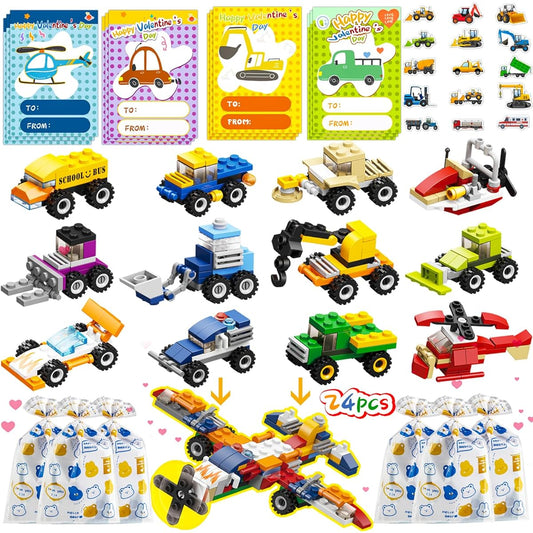 ANYGIFT 24pcs Valentine's Day Gifts Building Blocks for Kids with Valentine Cards Kids Class Valentine Gifts School Exchange Party Favors for Kids Boys Girls