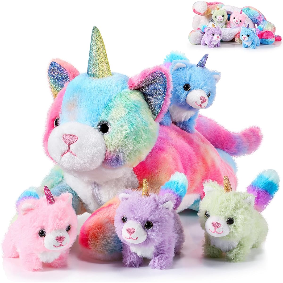 Harrycle 5-Piece Cattycorn Plush Toy Set, 16 Inch Mama Cat Unicorn Cute Stuffed Animal with 4 Baby Kittens Girls Boys Rainbow Cattycorn Plush Toy Set Birthday Gift Party Favors