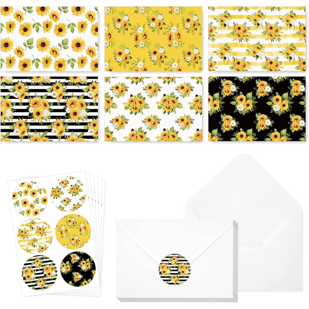 Whaline Sunflower Greeting Cards, Bulk Spring/Summer Flower Notes with Envelopes, Matching Stickers, Floral Blank Cards for Weddings, Bridals, Baby Showers, Birthday Parties, Pack of 36