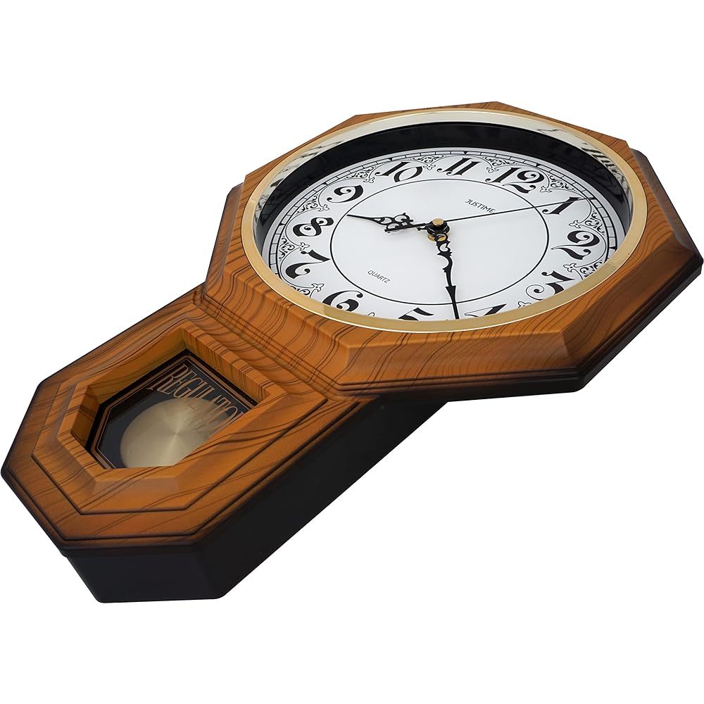 JUSTIME Traditional Schoolhouse Vintage Arabic Pendulum Wall Clock with Chime Hourly Westminster Melody 17.5" (44cm) H x 11.4" (28cm) W x 2.8" (7cm) D Light Wood Grain AV-LW