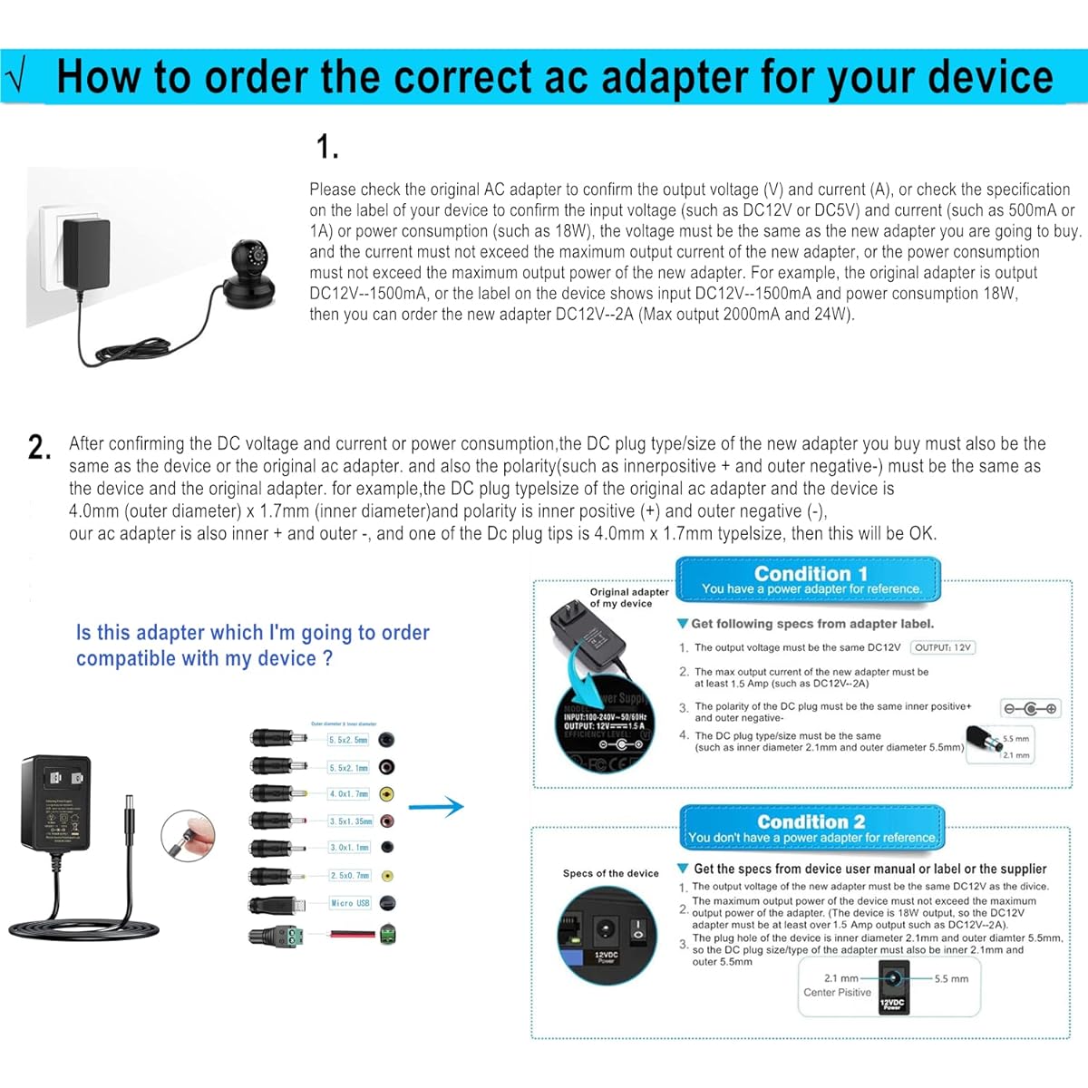 Geluorui UL AC Adapter 15V 1A Power Supply AC110V to DC15V 1000mA 500mA 100mA Switching Power Adapter with 8 Plug Adapters 5 Feet Cord 15V Wall Charger Transformer AC DC Adapter (DC15V~1A)