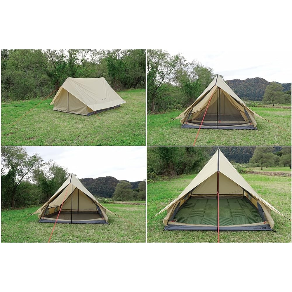 CAPTAIN STAG Tent Lodge Tent Two Pole Lodge for 3 to 4 People UV Protection Waterproof Curtain 2000mm/Floor 3000mm Mesh Window Equipped Khaki Trekker UA-67 215×285×H160cm