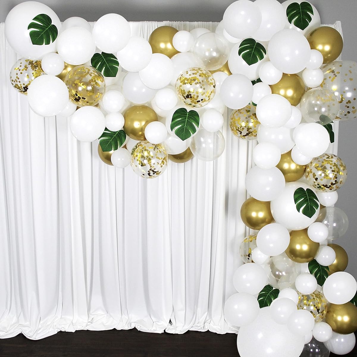 Balloon Garland Arch Kit 16ft Long - 168 Pieces White Gold Confetti - Tropical Palm Leaf Greenery for Baby Shower Decorations Wedding Bachelorette Party Engagement Birthday Party Anniversary