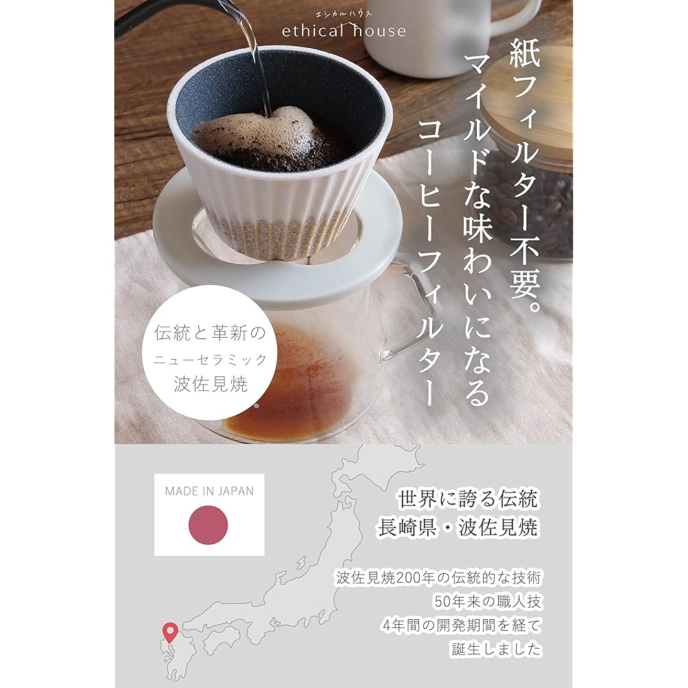 Hasami Ware New Ceramic Coffee Filter & Dripper | Paper Filterless | White | Cofill | Gift Present EthicalHouse (Basic Set)