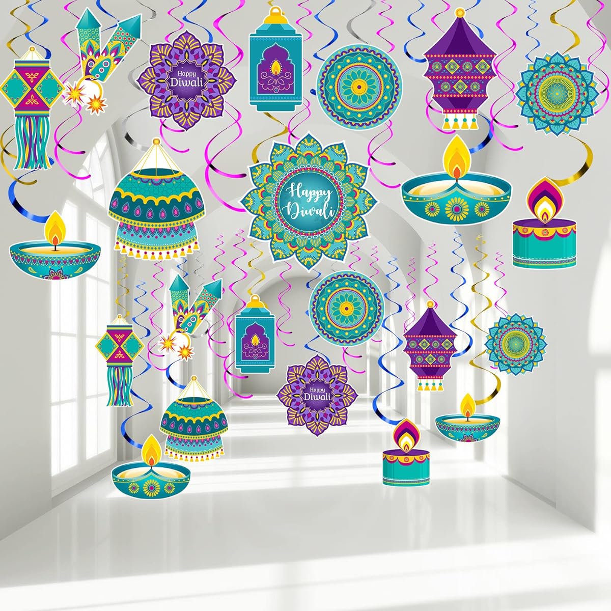 Clabby Diwali Party Decorations Happy Diwali Party Hanging Swirls Deepavali Ceiling Decor Foil Double Spiral Lights Rangoli Hanging Swirls Decoration Home Indian Party Supplies 54 Pieces