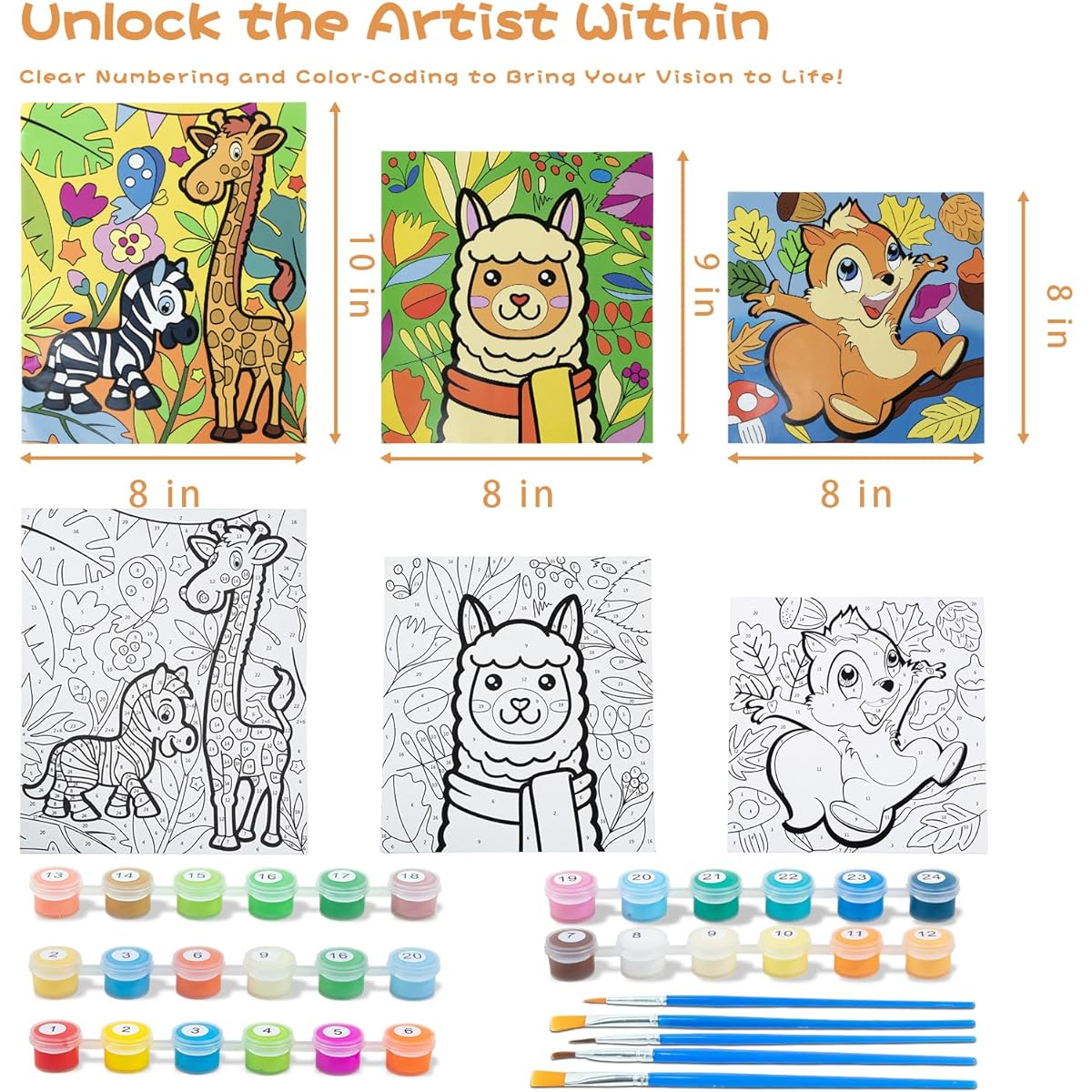 Beginner Paint by Number Kit for Kids Ages 4-8 | Framed Pre-Printed Acrylic Oil Painting | (8x10, 8x9, 8x8 inch) Framed Canvas with 30 Acrylic Paint Pots and 5 Brushes | Pre-Painted Canvas