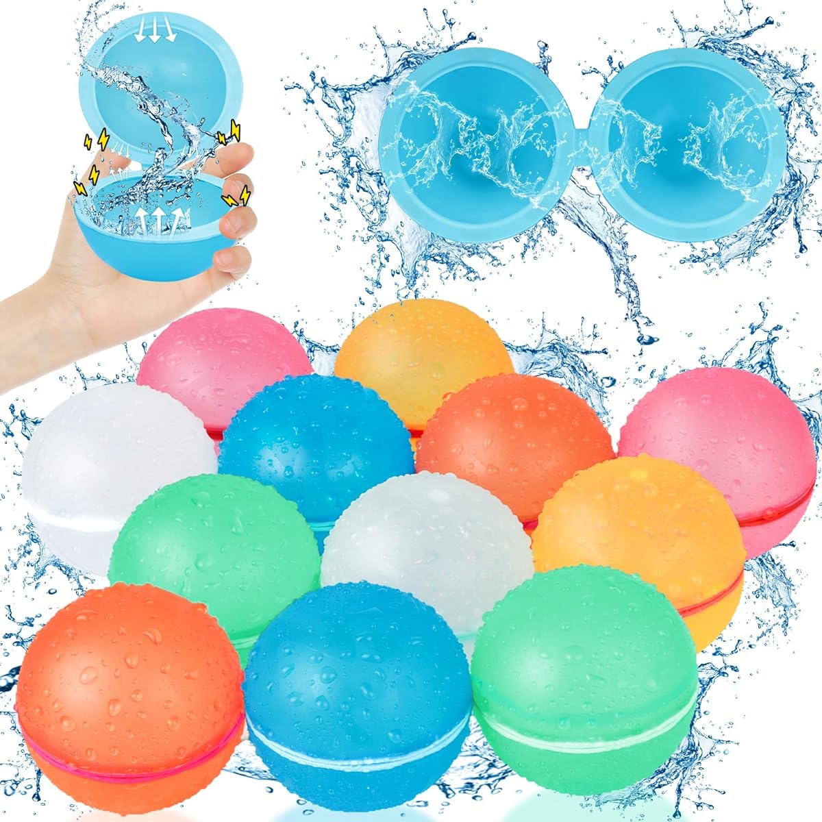 Reusable Water Balloons for Kids with Magnets, 12 Pack, Quick Fill, Self Seal, Refillable, Latex Free, Silicone, Water Bomb, Splash Ball, Outdoor Water Toys