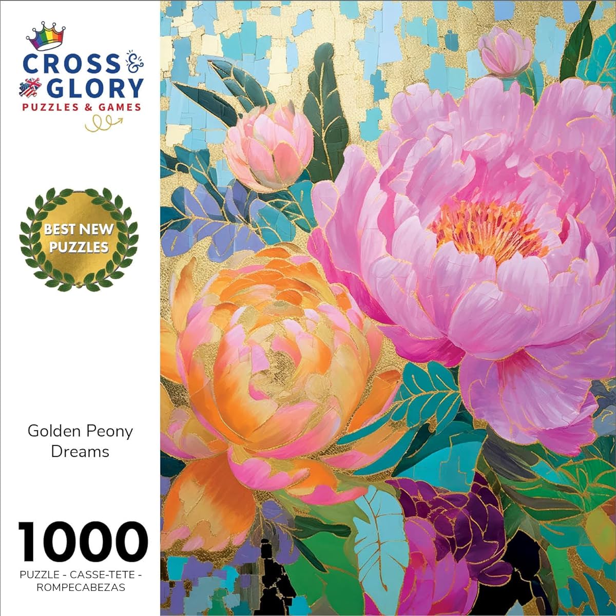 Golden Peony Dreams - Beautiful 1000 Piece Jigsaw Puzzle for Adults | Vibrant Mosaic-inspired Artwork with Gold Leaf Detail | Premium Quality & Eco-Friendly | Cross & Glory Masterpiece Collection