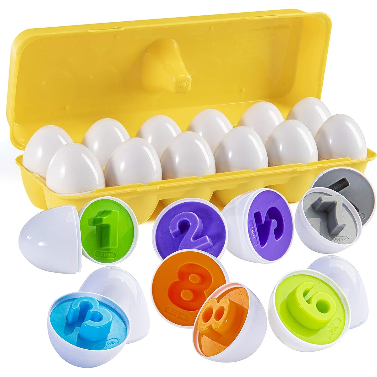 PREXTEX Find and Match Number Matching Easter Eggs with Yellow Holder - STEM Toys Educational for Kids and Toddlers Montessori Toy Numbers, Shapes, and Colors.