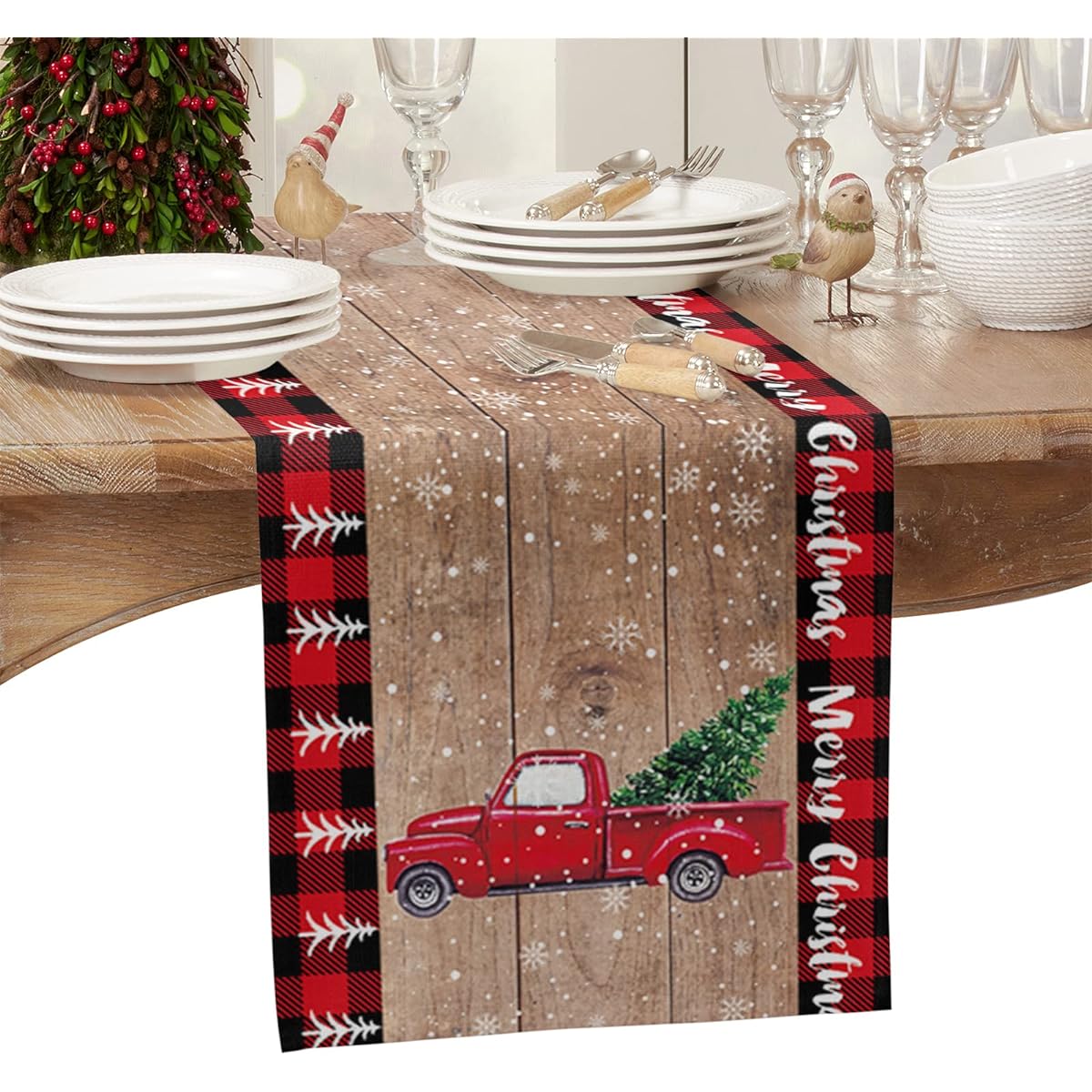 Christmas Red Track Burlap Table Runner 36 Inch Red Black Buffalo Check Cotton Linen Table Runner Table Cloth Christmas Table Decoration for Wedding/Holiday/Party/Dining Room Rustic Wood