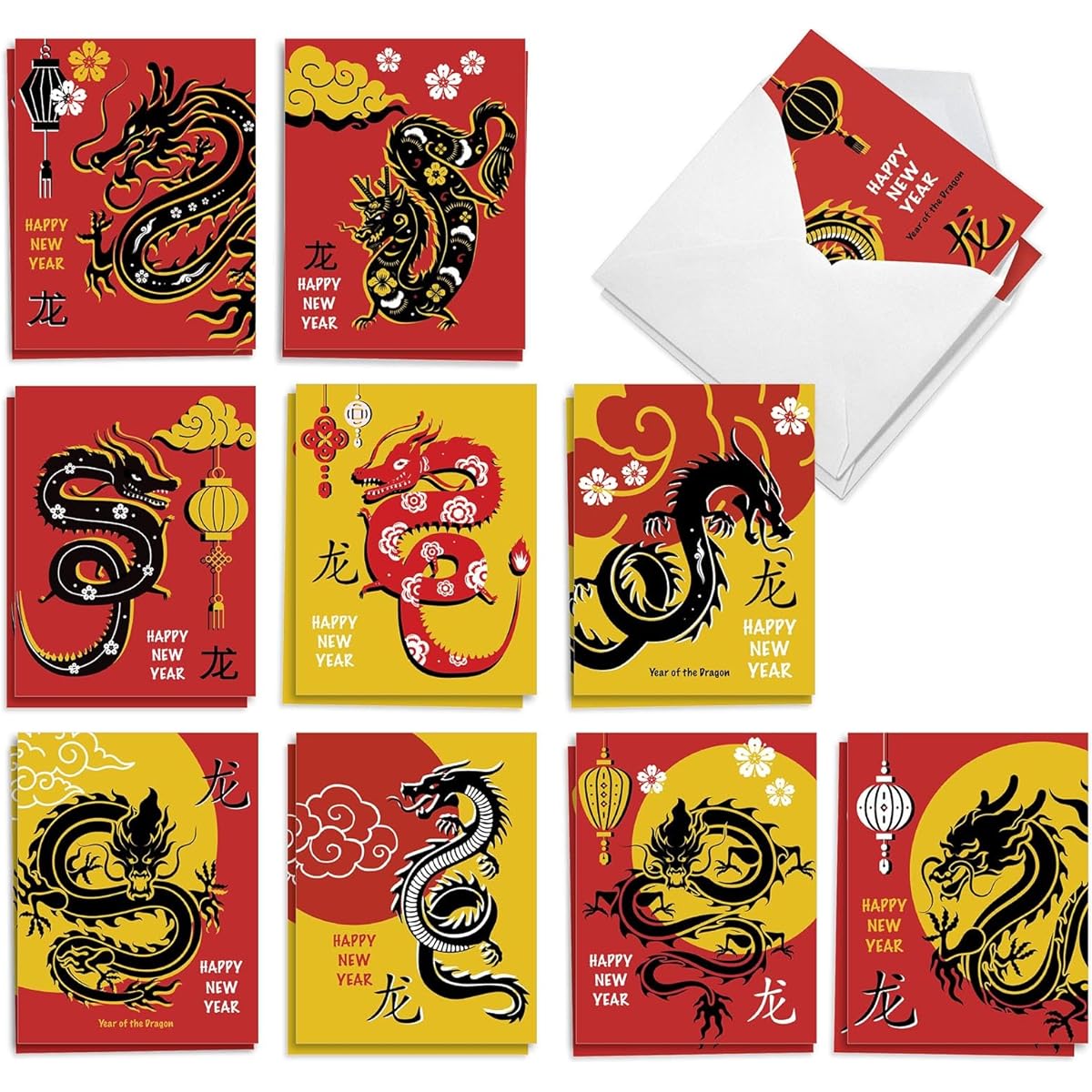 The Best Card Company 20-Pack Chinese New Year Notecards Box Set 4 x 5.12 Inch with Envelopes (10 Designs, 2 of Each), Red Dragon AM10975LNG-B2x10