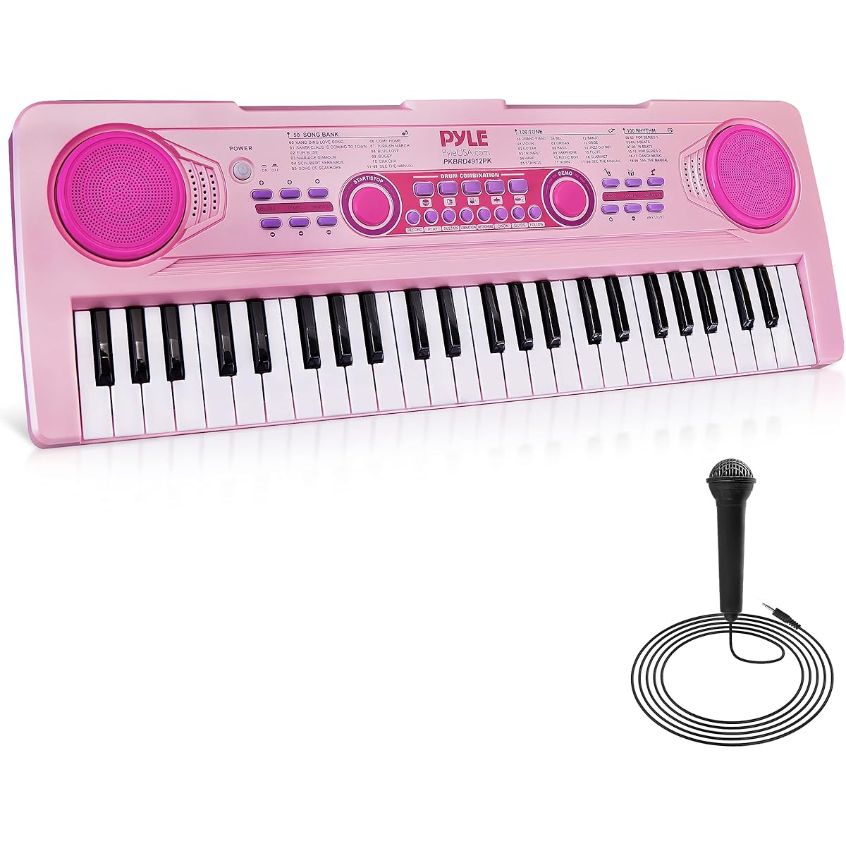 Pyle Electric Keyboard 49 Keys Portable Digital Musical Karaoke Piano Keyboard 100 Songs/Rhythms 50 Demos Rechargeable Battery Wired Microphone for Beginners Kids Adults PKBRD4912PK (PKBRD4912PK.3)