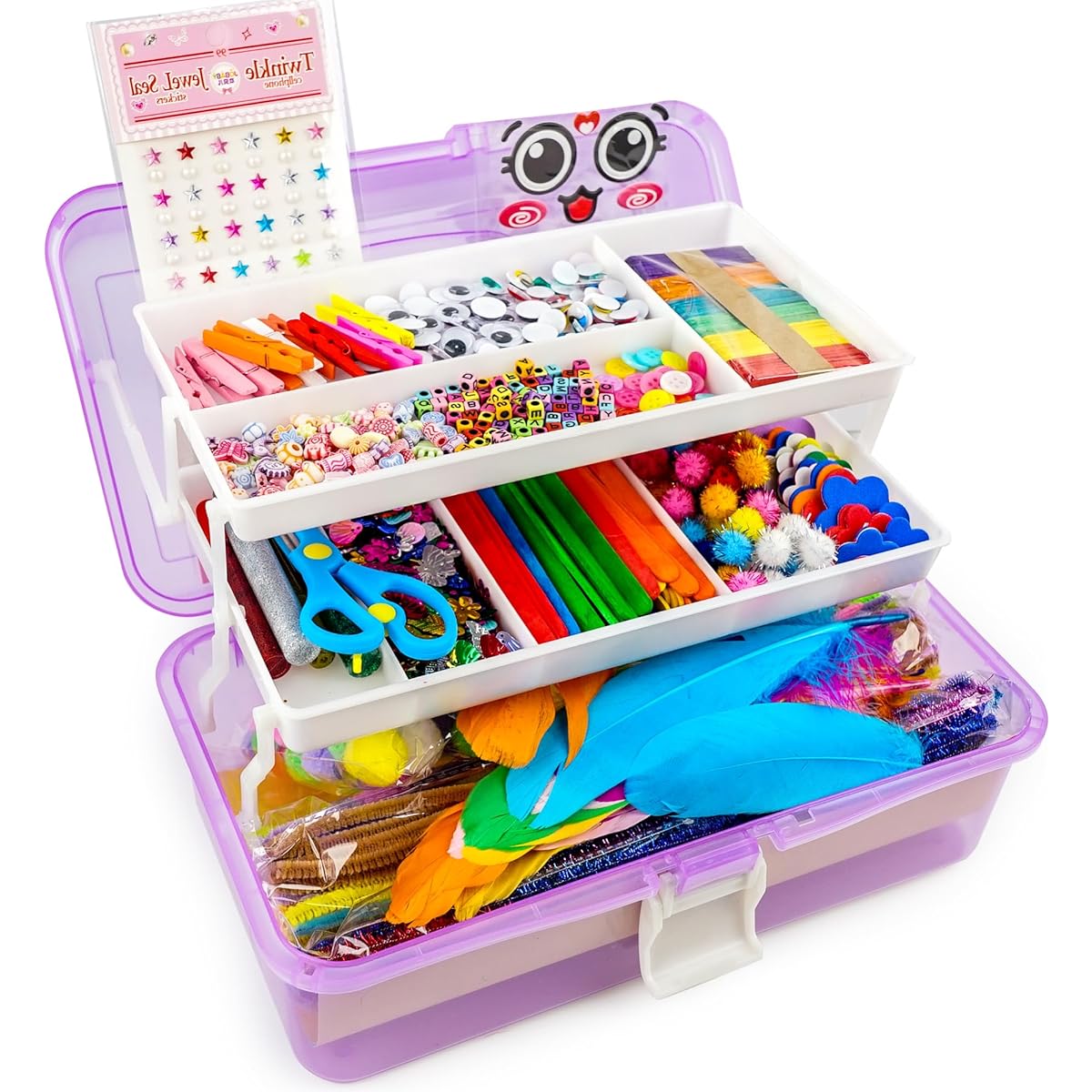 SMILESSKIDDO Kids Art & Craft Supplies for Kids Girls Ages 4 5 6 7 8 9 10 11 & 12- Ultimate Craft Supplies Set in Portable 3-Layer Plastic Art Box