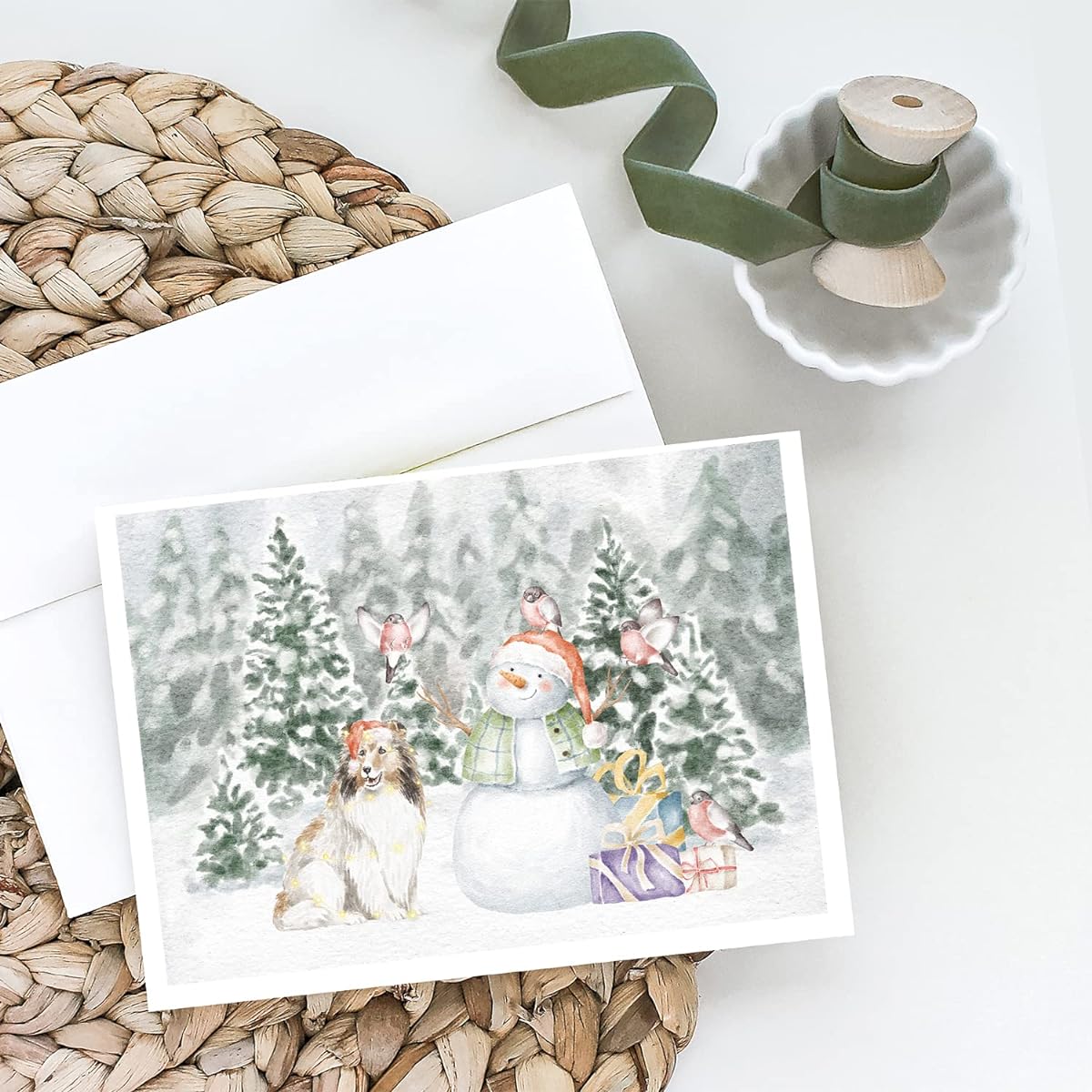 Caroline's Treasures CK8091GCA7P Sheltie/Shetland Sheepdog Sable Snowman Christmas Present Greeting Card and Envelope Pack of 8 Blank Cards with Envelopes Whimsical A7 Blank Greeting Cards