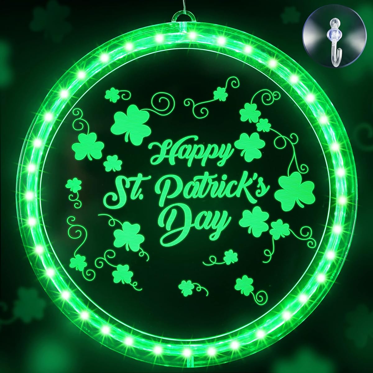 St. Patrick's Day Window Light Decorations Green Light Up Shamrock Clover Sign LED Light Battery Operated Irish Happy St. Patrick's Day Party Good Luck Indoor Outdoor Decor (Word Style)