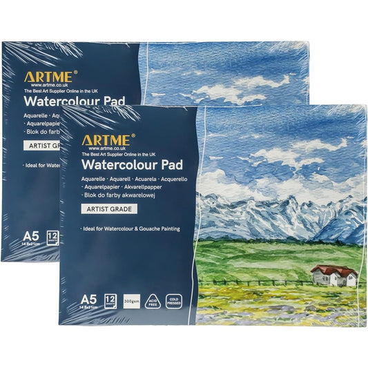 ARTME A5 Watercolor Pad (2 Pack) x 12 Sheets/ 300gsm/ Firm Texture/ Cold Pressed/ Cellulose Acid Free/ Premium Quality Drawing Pad Sketchbook Aquarelle & Gouache Painting (A5 2 Pack)