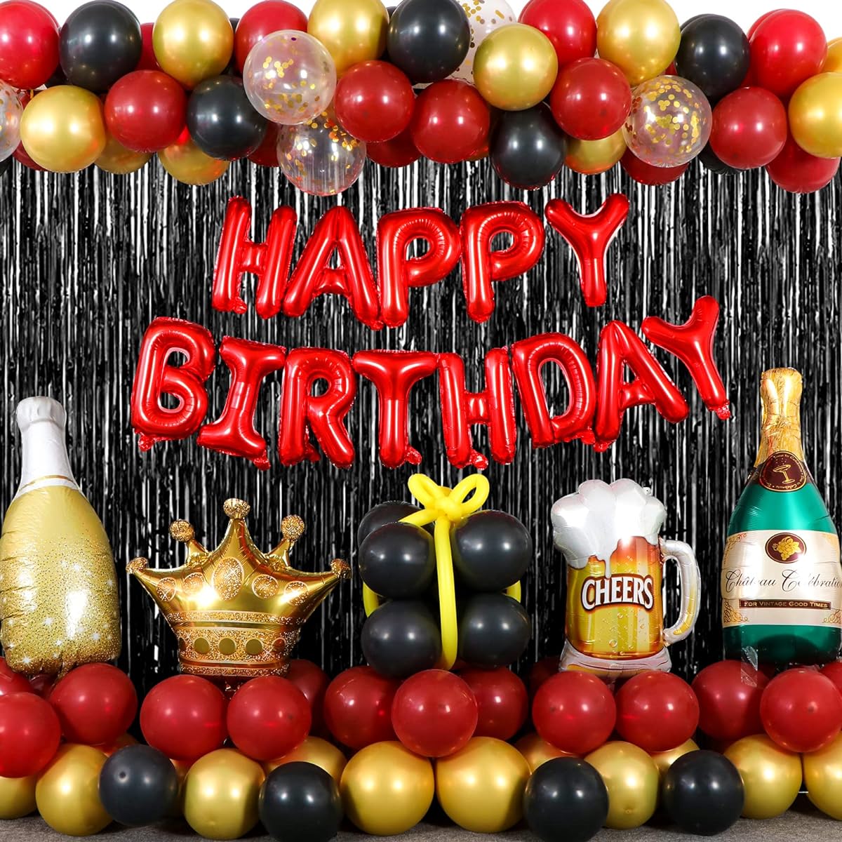 Red and Black Birthday Decorations for Men Women Boys Girls 101pcs Red and Black Birthday Party Supplies Red Happy Birthday Banner Balloons Black Fringe Curtains with Crown Champagne Beer Balloons