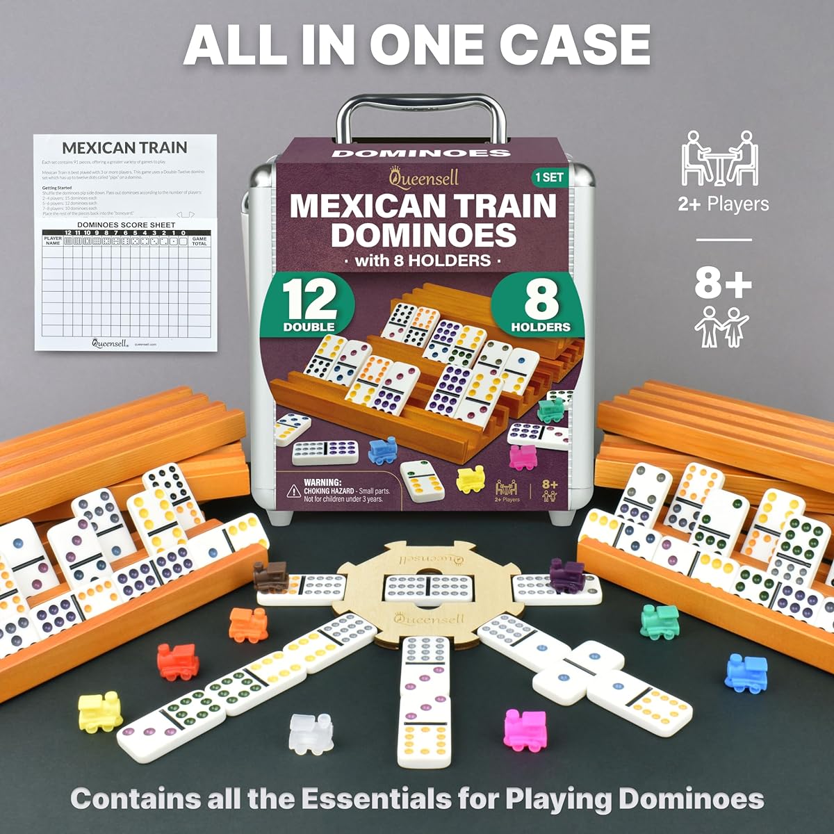 Queensell Mexican Train Domino Set Double 12 with 8 Holders Mexican Train Double 12 Domino Set with Colored Dots and 8 Holders
