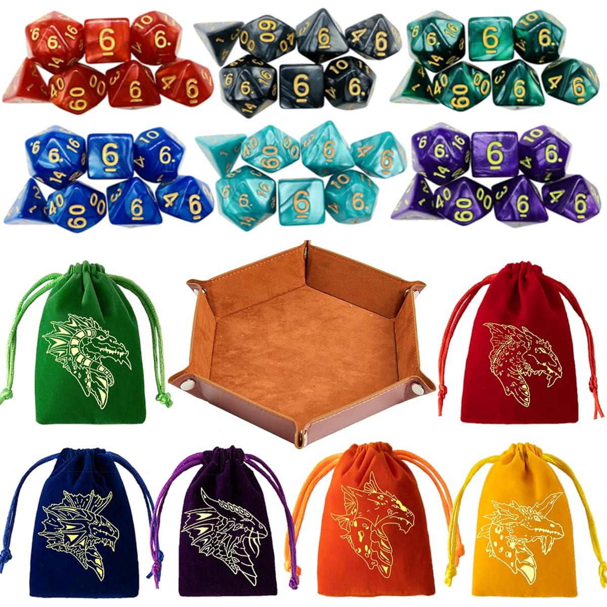 DND Dice Set 42 Polyhedral Dungeons & Dragons Rolling Dice D&D RPG MTG Tabletop Game Dice Bulk with Colorful Drawstring Bag and Dice Tray (Single)
