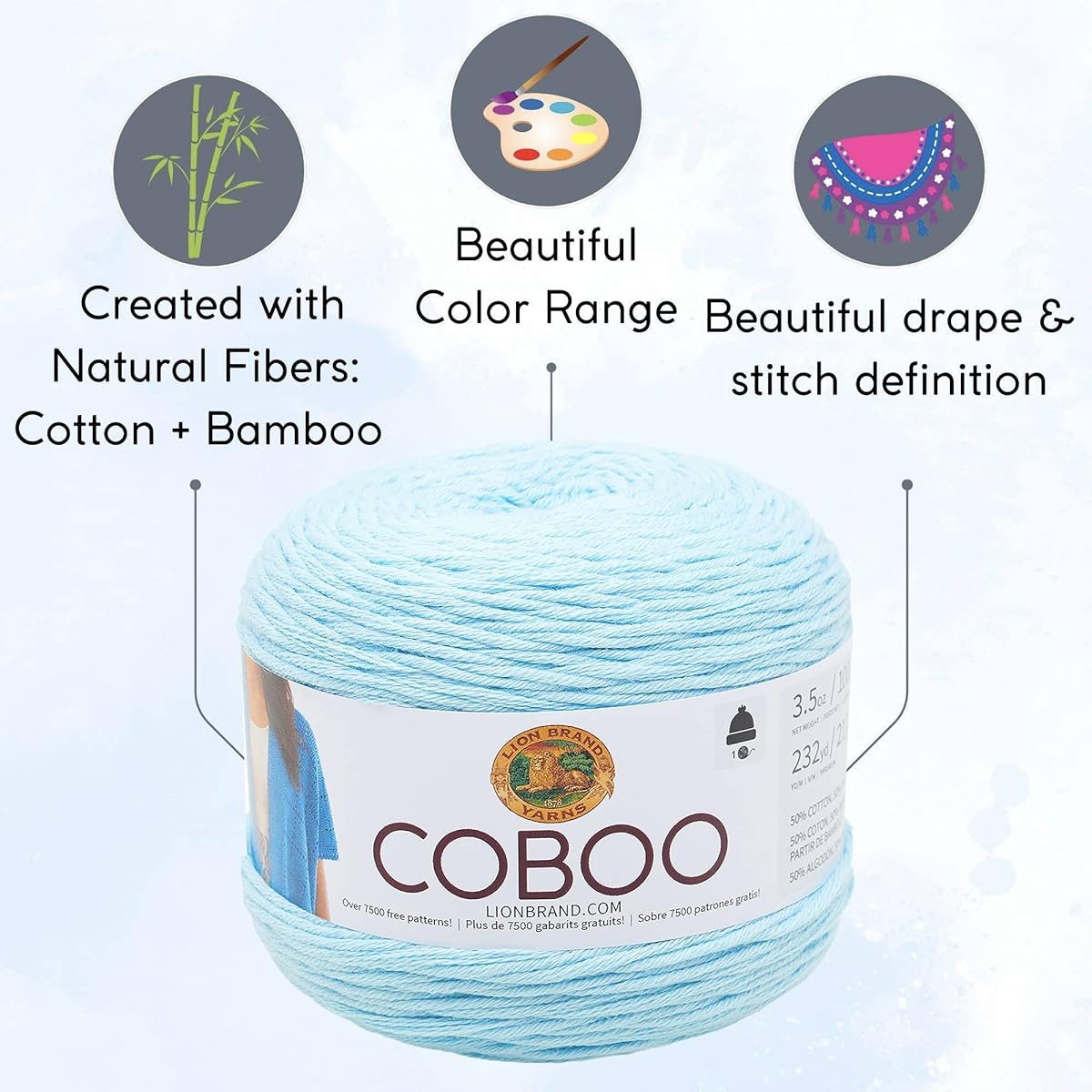 Lion Brand Coboo Ice Blue 835-106 (6 Skeins) Same Dyed Lot DK Light Worsted #3 Soft Knitting Yarn Crochet 50% Cotton 50% Bamboo Bundle with 1 Artsiga Craft Bag