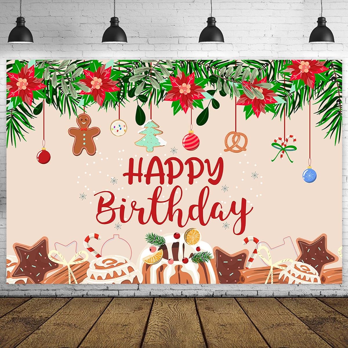 Merry Christmas Happy Birthday Banner Backdrop Nativity Candy Cane Gingerbread Man Dessert Christmas Theme Decorations Home Office Winter Holiday New Year Christmas Eve Party Supplies Favors