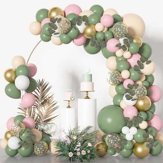 126pcs Sage Green Pink Balloon Garland Arch Kit with Olive Sage Green Balloons Birthday Baby Shower Decorations Blush Nude White and Gold Confetti with Artificial Eucalyptus for Wedding Safari Party